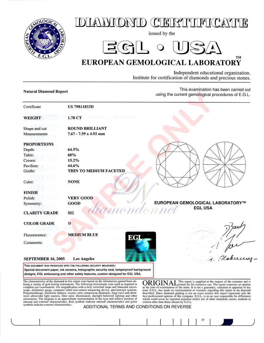 Sample egl usa Lab-Grown Diamond certificate
